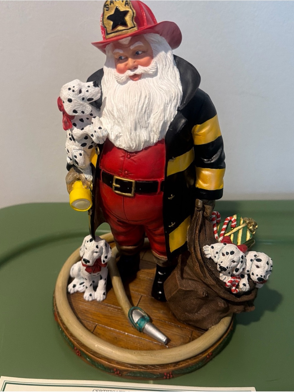 Danbury Mint Fireman Santa, With Hose, Bag & Dalmatians 9” Tall X 6.5” Wide
